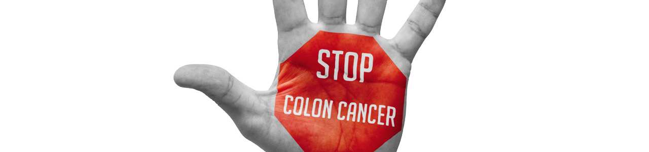 hand up with sign, stop colon cancer