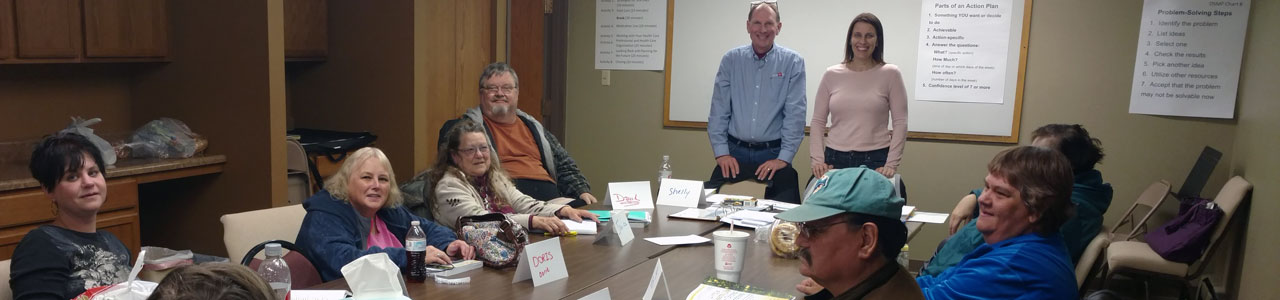 Roy Roberts, Love INC, and Vicki Palmreuter, Great Plains QIN, lead a group of Better Choices Better Health workshop participants.