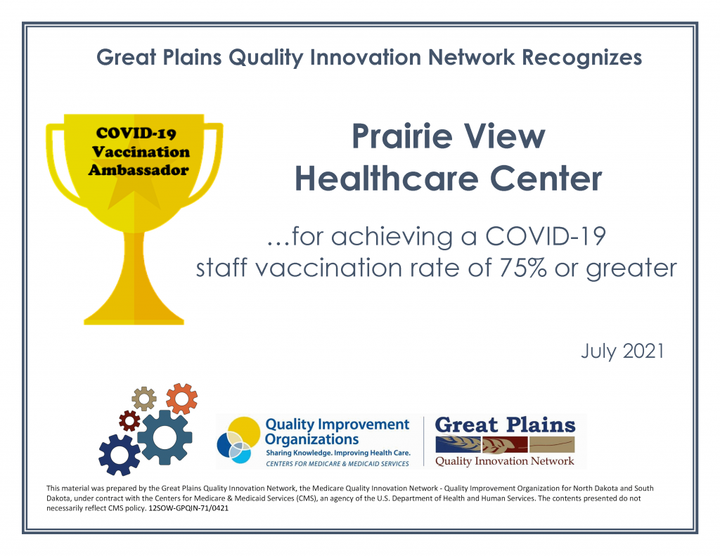 Prairie View Healthcare Center COVID-19 Ambassador Certificate