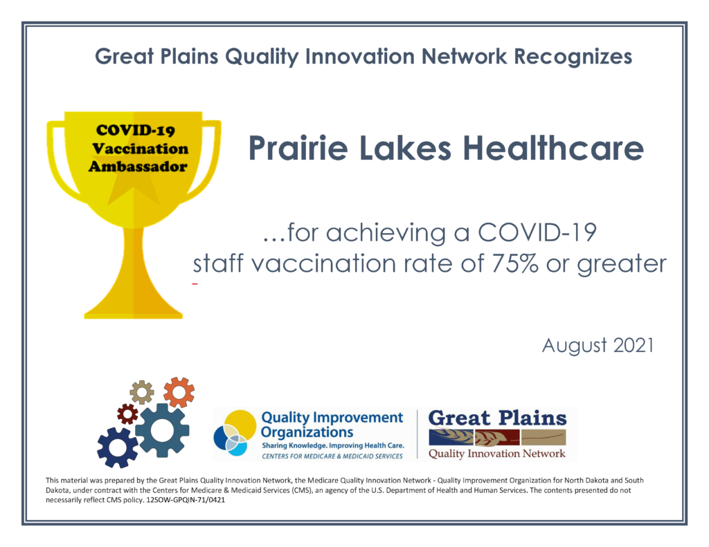Prairie Lakes Healthcare COVID-19 Ambassador Certificate